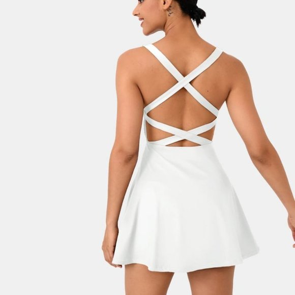 HALARA Dresses & Skirts - Halara White Crisscross Backless Plain 2-Piece Dance Flared Dress L NWT